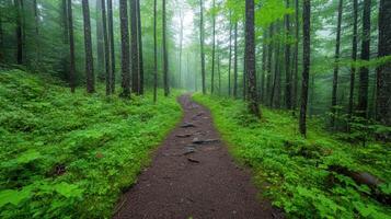 A path in the woods with trees and green grass photo