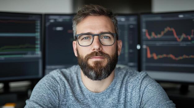 A man with glasses and beard sitting in front of three computer monitors photo