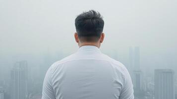 person gazing out at foggy cityscape, reflecting on life and possibilities photo