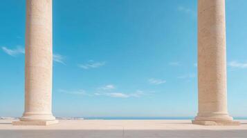 Minimalist stone columns frame serene view of ocean under clear blue sky photo
