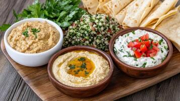 Creamy dips and fresh salads on wooden platter create vibrant Mediterranean feast photo