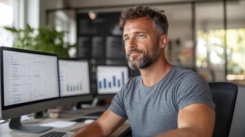 modern workspace featuring man with beard, focused on KPI dashboards and data analysis photo