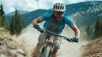 mountain biker racing down rugged trail, kicking up dust with intense focus and excitement photo