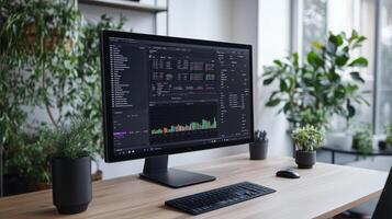 modern workspace featuring large monitor displaying project tracking tools, surrounded by photo