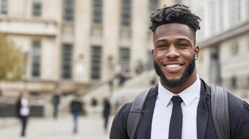 Proud graduate smiling confidently outside university building, showcasing achievement and joy photo