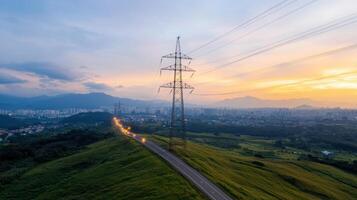 scenic view of power line tower at sunset, surrounded by lush greenery and urban landscape photo