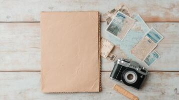 vintage camera and travel memorabilia are arranged on wooden surface, evoking nostalgia photo