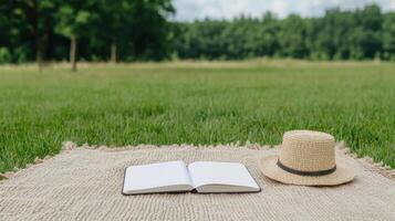 peaceful scene featuring open notebook and straw hat on picnic blanket in grassy field photo