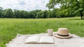 serene picnic scene featuring open notebook, straw hat, and cup on blanket in lush green field photo
