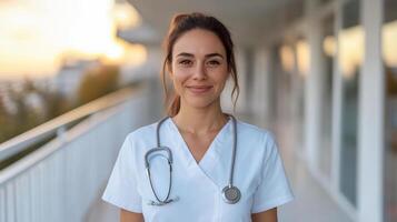 Caring nurse smiling in uniform with stethoscope at sunrise photo