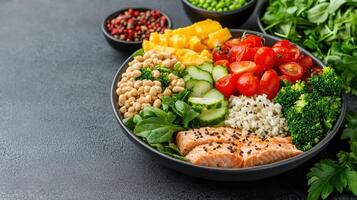 Fresh salmon bowl with vegetables and grains, showcasing healthy meal full of nutrients photo