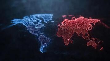 Digital world map in blue and red colors, showcasing global connections and data flow photo