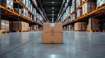 Cardboard boxes stacked in warehouse aisle, showcasing organized storage and logistics photo