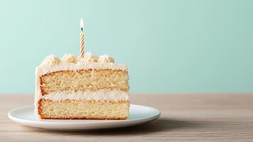 delicious slice of birthday cake with single candle, perfect for celebrations photo