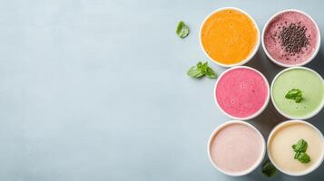 Colorful milkshakes in cups arranged on light background, evoking refreshing vibe photo