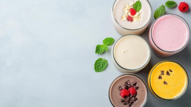 Colorful milkshakes in glasses with mint leaves and raspberries create refreshing scene photo
