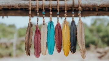 Colorful feathers hanging on rustic wooden beam create vibrant and artistic display photo