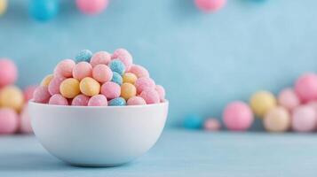 Colorful candy bowl centerpiece with pastel sweets creates joyful atmosphere photo