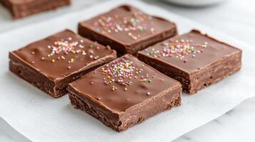 Delicious chocolate bark squares topped with colorful sprinkles, perfect for sharing photo