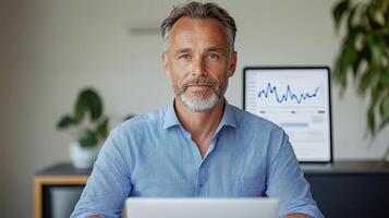 Professional man analyzing financial data with laptop and charts in background photo