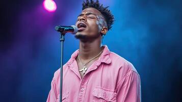 passionate singer performing on stage with microphone, expressing deep emotions photo