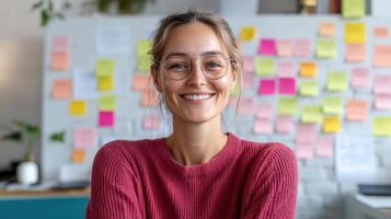 Smiling woman with glasses cozy workspace filled with colorful sticky notes, radiating photo