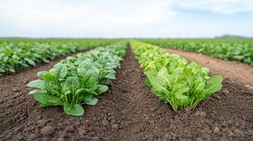 Two rows of spinach plants growing in a field photo