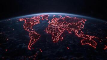 The world map is glowing red and blue photo
