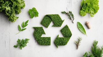 Recycle symbol made from green grass on white background photo
