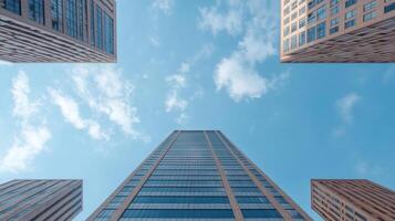 Tall buildings with windows and sky in the background photo