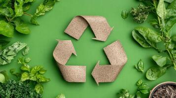 Recycle symbol made of paper on green background photo