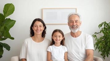 A family sitting on a couch with a plant photo