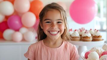 A young girl smiles at the camera while holding a plate of cupcakes photo