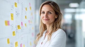 A woman standing in front of a white board with sticky notes photo