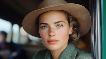A woman wearing a hat and a green coat photo