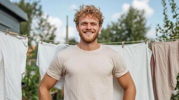 A man is smiling while standing in front of clothes drying on a clothesline photo