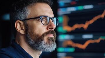 A man with glasses and a beard is looking at a stock chart photo