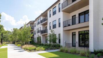 The apartment complex at the corner of a residential street photo