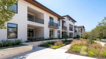 The front of an apartment complex with landscaping and trees photo