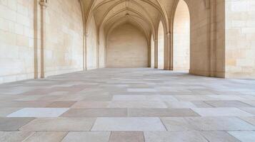 Empty cathedral with arches and stone floor photo