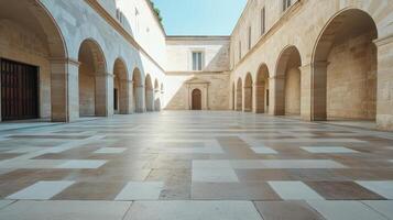 A courtyard with stone walls and arches photo