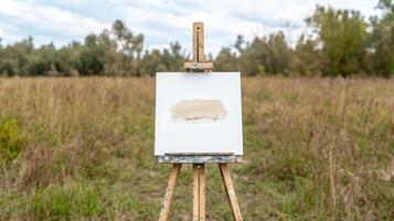 An easel with a white paintbrush on it in a field photo