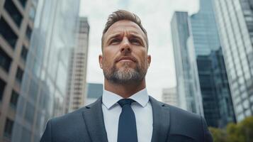 A man in a suit and tie standing in front of tall buildings photo