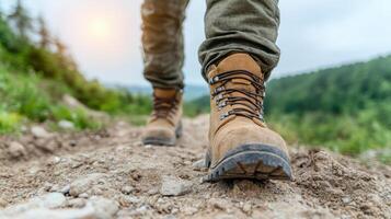 A person wearing hiking boots walking on a dirt path photo