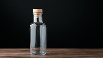 A glass bottle with a cork on a wooden table photo
