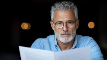 A man with glasses and a beard is reading a document photo