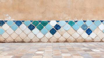A blue and white tile wall with a blue and white pattern photo