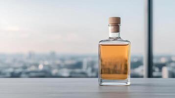 A bottle of whiskey on a table in front of a cityscape photo