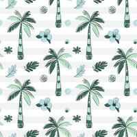 Seamless pattern with tropical flowers and palm trees with black outline. Tropical backckground. Sketch, line art drawing style. vector