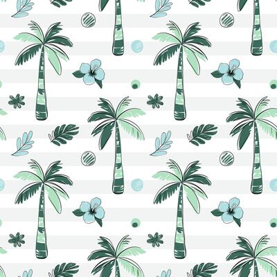 Seamless pattern with tropical flowers and palm trees with black outline. Tropical backckground. Sketch, line art drawing style.